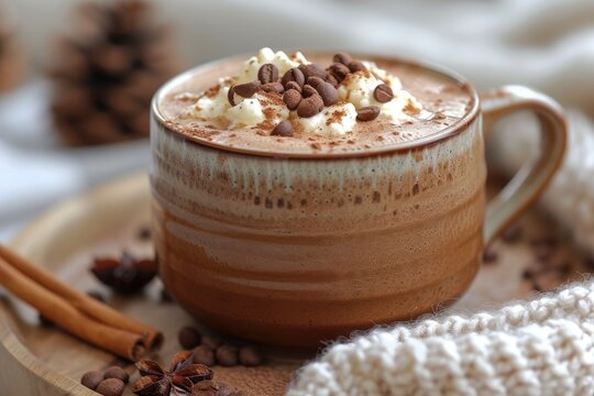 Free photo a cup of tasty coffee with cinnamon sticks and star anise 