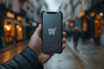 Smartphone online shopping concept, shopping cart symbol on a smartphone screen