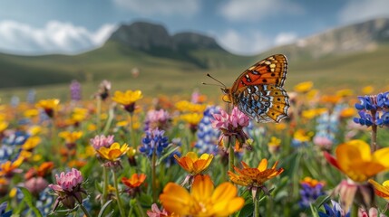 A butterfly pollinates a flower in a natural landscape - obrazy, fototapety, plakaty