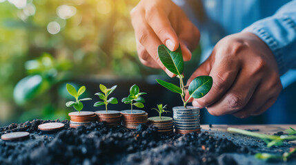 A man hand planting a plant on the coin, business growing or money saving concept.