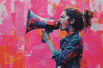 A female activist shouting into a megaphone in front of a pink background