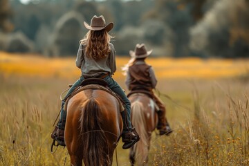 A serene setting of two riders exploring the countryside on horseback, a perfect blend of adventure and peace