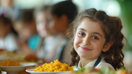 A smiling girl on the International School Nutrition Day, the concept of educational nutrition with a copy space