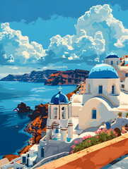 A picturesque painting of a Greek island featuring a building with a blue dome under an azure sky, surrounded by water and fluffy clouds