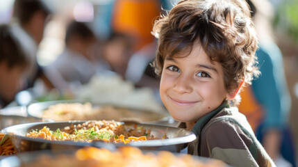 A smiling boy on the International School Nutrition Day, the concept of educational nutrition with a copy space