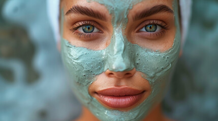 Woman with a clay facial mask, spa and skincare concept with copy space