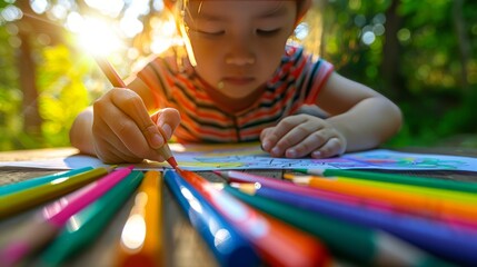 Child immersed in coloring with pencils on bright sunny day. Young minds engrossed in the art of coloring - obrazy, fototapety, plakaty