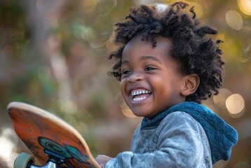 Stunning high resolution photos of a 3 year old African American boy laughing while holding a skateboard.
