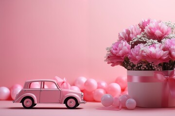 Obraz premium car and bouquet on blurred pink background for cute and love design