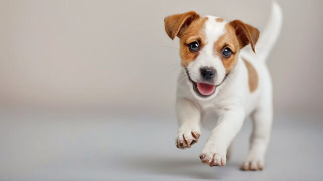 A jack russell terrier dog puppy in studio gray background, pet friendly concept.