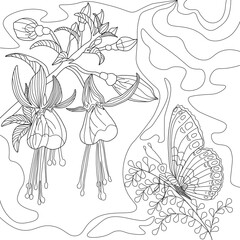 beauty anti-stress coloring book, spring card, spring, women's day, congratulations, artline, beautiful unusual flower, butterfly