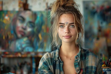 A young freckled artist exhibits a reflective and emotional gaze, with a vivid painting in her...