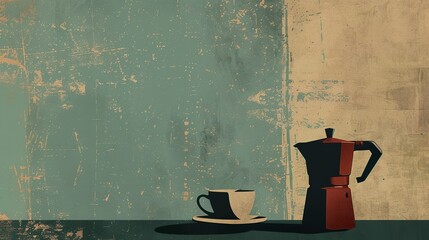 A vintage propaganda poster illustration of a classic coffee maker and a cup of coffee