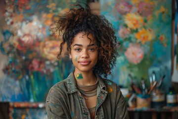 A young artist with a genuine presence and curly hair poses in an art-filled studio - obrazy, fototapety, plakaty