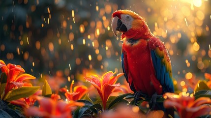 Colorful parrot perched on branch in rain with vibrant feathers - Powered by Adobe