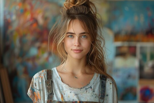 Relaxed young woman artist with tousled hair and a paint-splattered shirt smiles at the camera