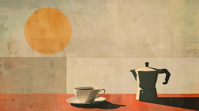 a vintage propaganda poster illustration of a classic coffee machine with a cup coffee