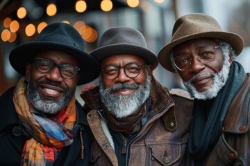 A close-up of three stylish senior men with beards and hats, wearing warm clothes and exuding a sense of brotherhood and style