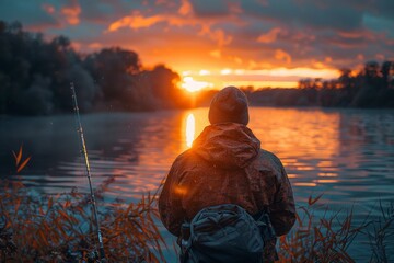 A serene moment captured as a person enjoys fishing by a lake, with a vibrant sunset backdrop - obrazy, fototapety, plakaty