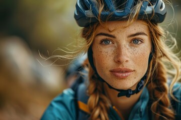 A portrait of a young woman with freckles wearing a blue cycling helmet and a focused expression - obrazy, fototapety, plakaty