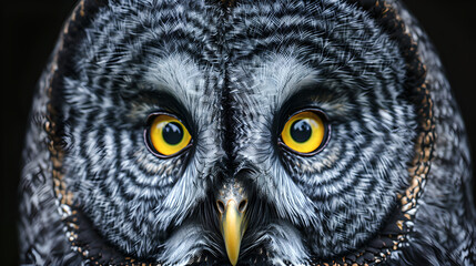 closeup pf great grey owl with shiny yellow eyes on black background