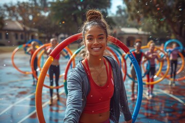 A radiant young woman stands with hula hoops in a colorful setting, evoking fun and fitness - obrazy, fototapety, plakaty