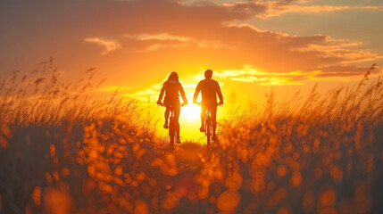 Silhouette of a couple riding a bicycle and smiling. Love, sport, and fun concept. - obrazy, fototapety, plakaty