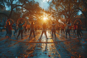 Energetic individuals participate in a hula hoop exercise session in a public urban park during sunset - obrazy, fototapety, plakaty