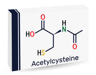 Acetylcysteine, N-acetylcysteine, NAC drug molecule. It is an antioxidant and glutathione inducer. Skeletal chemical formula. Paper packaging for drugs