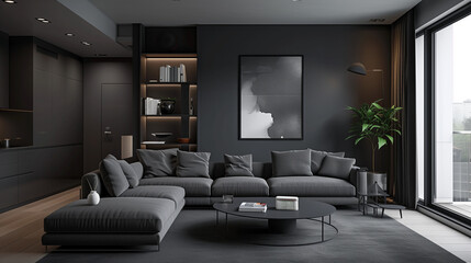 Modern Interior. designer touch decoration. Contemporary living space. Black living room interior with sofa and armchair, shelf with art decoration, carpet on hardwood floor. Panoramic windows. 