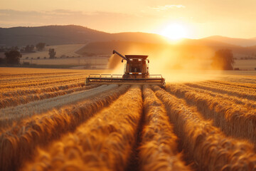 Fototapeta premium farmer harvesting field with harvester, suset, farm work