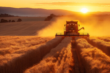 Fototapeta premium farmer harvesting filed with harvester in sunset