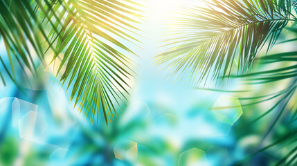 Fototapeta na wymiar Green palm leaves background, summer atmosphere 