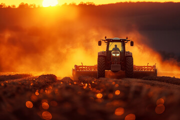 farmer plowing filed with tractor in sunset