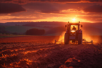 Obraz premium farmer plowing filed with tractor in sunset