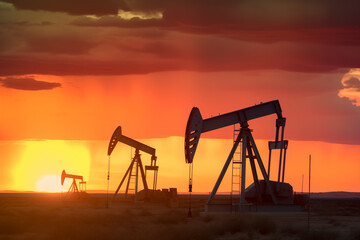 Oil drill rig and drilling derrick. Crude oil Pumpjack on oilfield on sunset. Fossil crude extraction. Global crude oil Prices, petroleum demand OPEC+. Oil prices on global market. Pump jack, oilfield