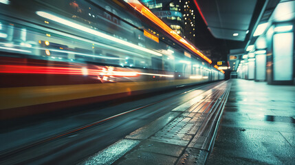 Fototapeta na wymiar A blur fast motion moving train in subway of skytrain at train station.