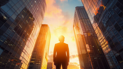 A silhouette photography of businessman stand in urban city.
