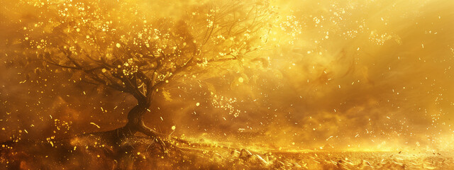 Golden tree emerges from a mystical haze of gold dust, creating a captivating fantasy abstract. © Pink Badger