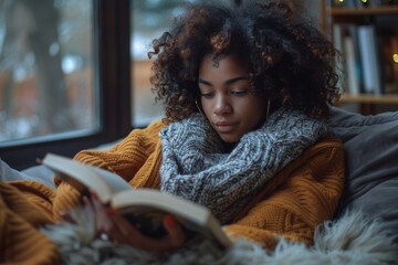 Woman captures a tranquil moment reading, surrounded by golden warmth and plush textures