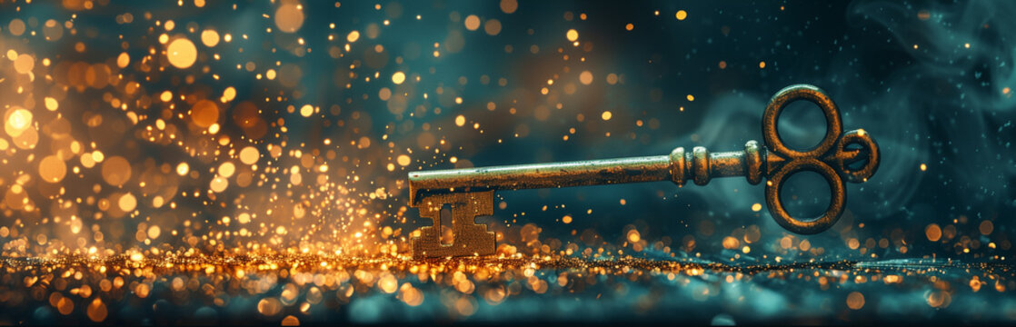 vintage key and golden dust particles, symbolizing the unlocking of hidden treasures and the journey to uncover one's fortune