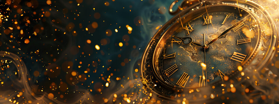 Double exposure of a vintage clock and golden dust particles, representing the timeless allure and value held within each passing moment.