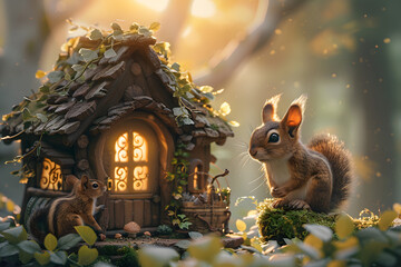 photo realistic style , arched garland made in green leaves , house of forest’s friends to the left , squirrels and chipmunks to the right - Powered by Adobe