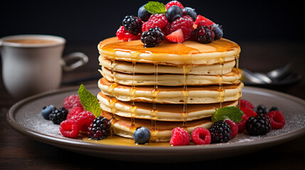 A stack of delicious pancakes with fruit  on top.