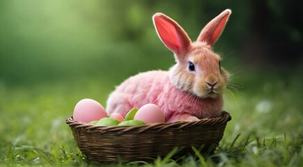 Pink bunny with Easter eggs sitting in a basket.