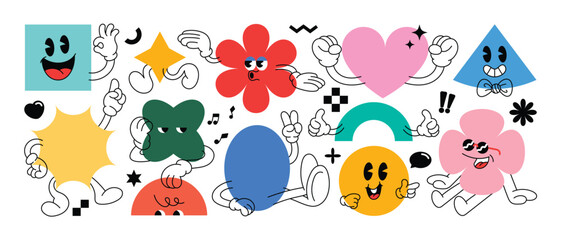 Set of Geometric shape characters, doodle hands, legs talk bubble texts, in basic style with elements on white background. Vector illustration for branding, packaging, prints and social media posts.