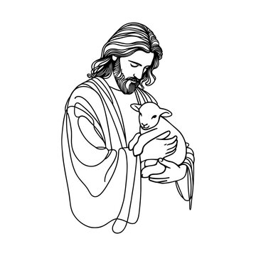 Vector image in linear style of Jesus with a lamb in his arms.
