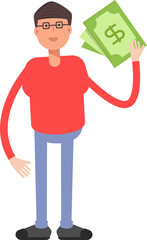 Nerd Boy Character Holding Dollar Banknotes
