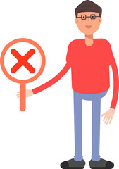 Nerd Boy Character Showing Wrong Mark
