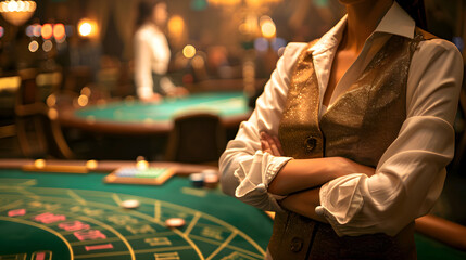 Professional Female Croupier in Casino Setting: Close-Up with Crossed Arms and Blackjack Table Background